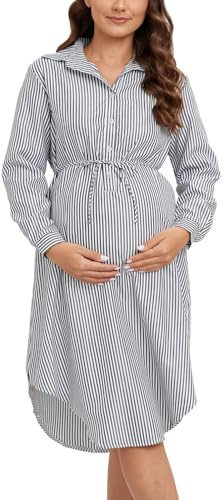 Vestido de Maternidad Mujeres Camisa Manga Larga Embarazadas Ropa Fruncida para Embarazadas Moda Casual Estampado de Raya Primavera Verano Blusa Vestido Largo premamá Negocios Oficina