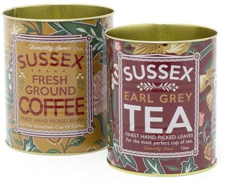 Carousel Home Set of 2 Replica Vintage Coffee Tea Cans | Retro Metal Sussex Display Tins | 2 Piece Decorative Storage Tins