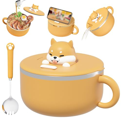 Odoukey Ramen Bowl Microwavable,Instant Noodle Bowl with Handles 1200ml Instant Ramen Bowl with Lid and Spoon Portable Microwave Safe Ramen Cooker for Soup, Noodles, Dumplings, Salads