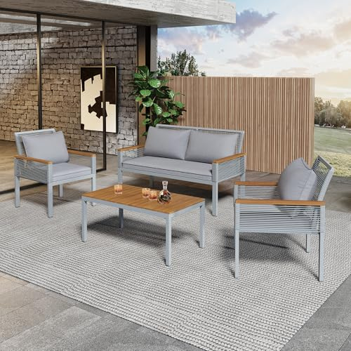 Gegtuon Gartenmöbel Sitzgruppe Set aus Rattan für Garten für 4 Personen, Outdoor Gartenmöbel-Set Essgruppe Lounge Sofa mit Tisch & Stühle, Balkon Möbel mit Sessel & Couchtisch, Gartenlounge (Grau)