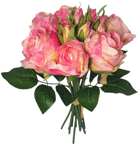 naninoa Künstlicher Rosenstrauß 30cm – Dicht gebunden, üppig & realistisch – Dekorativer Blumenschmuck, Künstliche rosa Rosen, Kunstblumen, Kunstrosen, Hochzeitsdeko 30cm rosa PINK