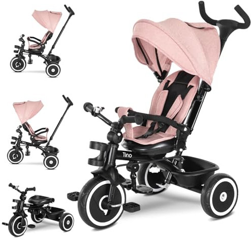 Lorelli Dreirad Tino ab 1 Jahr mit Schubstange, Sicherheitsgurt, 360 drehbar, Tricycle, Verstellbarer Elterngriff, Freilaufrad Funktion, Spielzeugkorb, Rosa