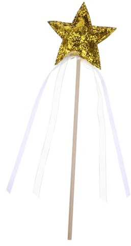 BESTonZON Bâton de fée étoilée en bois avec ruban pour scène, fête, fées et elfes, couleur or, incassable et agréable à tenir