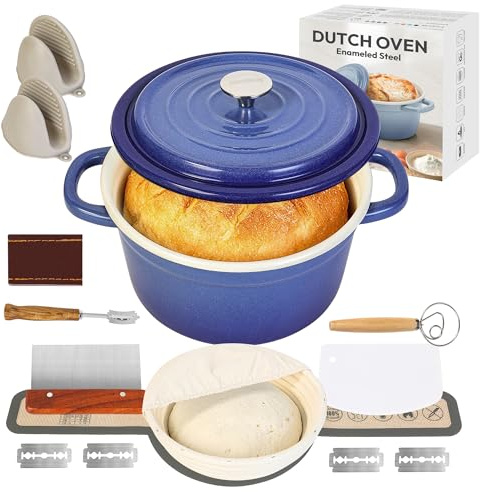5QT Enameled Steel Dutch Oven with Proofing Basket, Non-Stick Ovenproof Casserole Pot, Dark Blue Dutch Oven for Braising, Stews, Roasting & Bread Baking