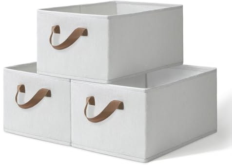 Pomodee 3er Set Aufbewahrungsbox aus Stoff faltbar, Große klappbare Wäscheboxen mit Griffen–Schubladen Organizer und Ordnungsboxen für Kleiderschrank, Regal und Schlafzimmer(47x28x20cm,Beige)