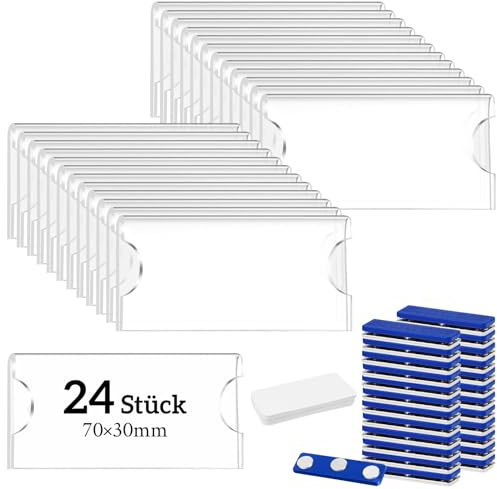 BORISCA 24 Stück Namensschilder Magnet, 70 X 30mm Namensschild Magnetisch Acry Namensschild Kleidung Transparente mit 3-Punkt Magnet und Leeren Karten, Namensschilder Magnetisch für Kleidung
