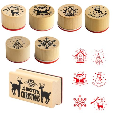 Weihnachtsstempel, 7 Stempel Inklusive 6 Motive Und 1 Rentier Motiv, Holzstempel Für Kinder, Stempel Klein Und Rund, Perfekt Für Weihnachtskarten Und Bastelprojekte