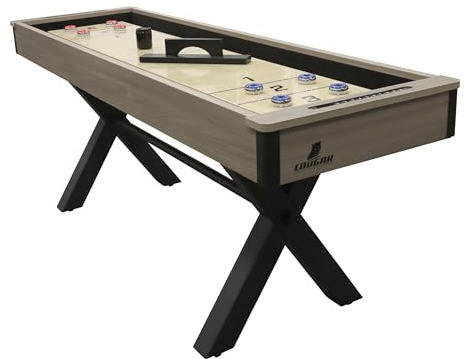 COUGAR Mason Mesa de Shuffleboard Americana, Roble/Negro | Shuffleboard con Patines para un Uso Multifuncional - 8 Discos | Dimensiones 213,5 x 61 x 81,5 cm
