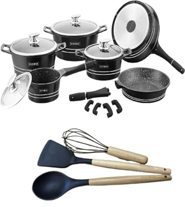 Set Pentole Batteria Padelle 14 Pezzi Professionale Alluminio Antiaderente Rivestimento In Pietra Lavica Piano Induzione e gas Coperchi in Vetro Utensili Inclusi Colore Nero