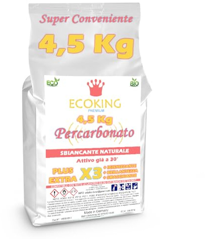 ECOKING Percarbonato di Sodio Puro – Smacchiatore Bucato Ecologico, Sbiancante e Igienizzante Naturale, Attivo già a 30°. Percarbonato di sodio per Bucato e Casa - Busta da 4,5 Kg