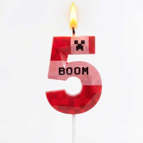 ZingBox Pixelmotiv Kerze 5 Geburtstag, Rot Weiß Pixel Zahlen 5 Kerze, Geburtstagskerze 5 für Jungen und Mädchen, Pixel Thema 5 Geburtstag Deko Tortenkerze, Geburtstagskerzen Zahlen 5
