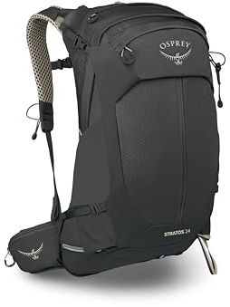 Osprey STRATOS 24L Herren Wanderrucksack - Verstellbarer Tagesrucksack mit wasserdichtem Regenschutz & Flaschentaschen, Rabenschwarz