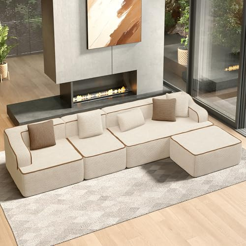 ALPHA HOME Modulares Sofa 134 5-Sitzer Sofa mit 5 Kissen Ecksofa Polstersofa aus Cordstoff, Modern Couch Stoffsofa Loungesofa fürs Wohnungen Wohnzimmer Schlafzimmer Eingangsbereich Büro, Beige