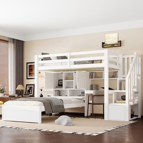 Hochbett 90x200cm Weiß mit Schreibtisch & Treppe Etagenbett Massivholz Kiefer Stauraumbett inkl. Zweites Bett Multifunktionsbett Systembett L-Form für Erwachsene Gästezimmer