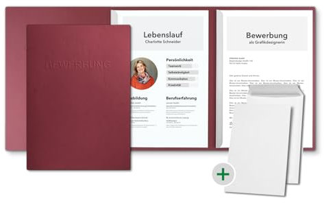 5 Stück 3-teilige Bewerbungsmappen Bordeaux in feinster Lederstruktur - inkl. 5 Versandumschläge in Weiß - mit 2 Klemmschienen und hochwertiger Prägung ''BEWERBUNG'' - direkt vom Hersteller STRATAG