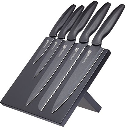 MasterClass Agudo 5 Piece Knife Set with Magnetic Wooden Storage Stand | Stainless Steel Kitchen Knives, Soft Grip Handles, Sharp Non-Stick Blades, Foldable Knife Stand