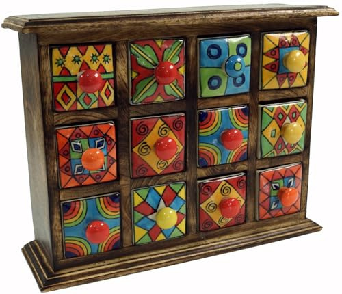 Guru Shop Armario farmacéutico con cajones de cerámica de Colores, Caja para Especias, 4 x 3 Compartimentos, Modelo 2, 25 x 31 x 10 cm