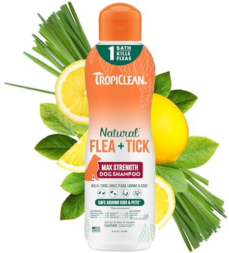 TropiClean Max Strength Flea and Tick Shampoo Treatment for Dogs, Powerful & Natural Defense, Prevention for Large & Small Dogs, Made in USA, 20oz
