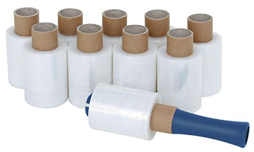 10 Rollen Ministretchfolie + Abroller Stretchfolie Handstretchfolie transparent 100mm 23µm mit 150m (0,015Euro /m)