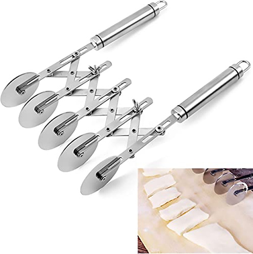 Dadamong 5 Wheel Pastry Cutter with Handle, Stainless Steel Adjustable Pizza Slicer Multi-Round Dough Cutter Roller, Fondant Ribbon Cutter, Pasta Maker, Noodle Cutter, Ravioli Cutter Wheel