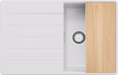 PRIMAGRAN Evier Cuisine en Granit au Meuble 45cm + Kit de Vidage, 78x50cm | Set: Kit de Vidage (Siphon, bonde d’évacuation, trop-plein) + Planche à Découper + Lavabo 1 Bac - Copenhague Top, Blanc