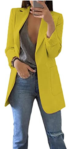 Hinewsa Moda Casual Donna Primavera Autunno Lungo Business Suit Outwear Slim Cappotti Ufficio Signore Blazer Giacca Lavoro, Giallo, 40
