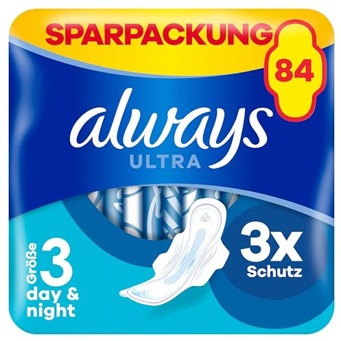 Always Ultra Damenbinden Long Plus (Größe 3) mit Flügeln 84 Stück, Super Saugfähig Und Ultra Dünn, für Die Periode