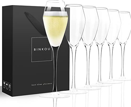 BINGKOU Champagne Flutes Glass Set of 6-9oz Hand Blown Tulip Champagne Glasses - Elegant Style Long Stem - Gift for Wedding, Anniversary, Mother's Day