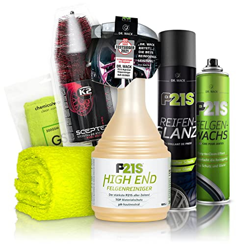 Felgenreiniger Set: Dr. Wack P21S HIGH END Felgen Reinigung + K2 PRO Felgenbürste + Dr. Wack Felgen-Wachs Versiegelung + Dr. Wack Reifen-Glanz + chemicalworkz Premium Mikrofasertuch 500GSM | 5-teilig