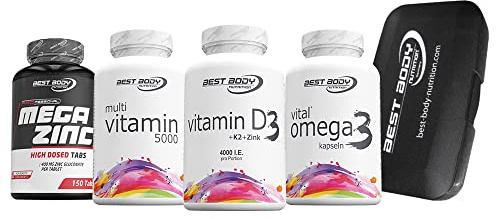 80 Vitamin D3 + Vitamin K2 Kapseln + 150 Mega Zink Kapseln + 120 Omega 3 Kapseln + 100 Multi 5000 Multivitamin Kapseln + Tablettenbox im Set von Best Body Nutrition