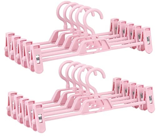 10PCS Pants Hangers,Adjustable Clothes Hangers, Anti-Rust Clips Skirts Pants Hanger, Slack, Trouser, Jeans, Towels (Pink)