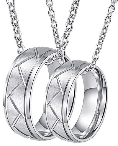 Homxi Ringe Partner Kette,Edelstahl Ring mit Anhänger Eheringe Paar 8MM Silberring mit Rund Herren Halskette 60cm Halskette Damen 50cm