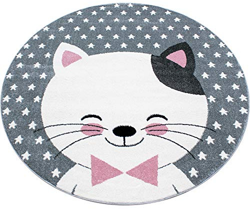 Carpetsale24 Runder Kinderteppich Katzenmotiv Ø160 cm – Großer Teppich in Rosa – Kindlich, Allergikergeeignet & Gemütlich