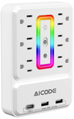 Outlet Extender with USB C, AICODE Multi Outlet Surge Protector with Nightlight, 6 Outlet Wall Plug with USB (3 USB A and 1 USB C),Wall Mount Multiple Plug Outlet Power Strip for Home,Dorm, Office