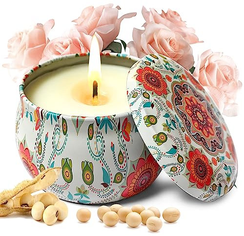 Scented Candles Aromatherapy Gift Set: 1pack Rose Large Size Natural Soy Wax Candle 4.4 Oz Travel Tin Fragrance Relaxing Stress Relief Aroma Home Best Gift for Women