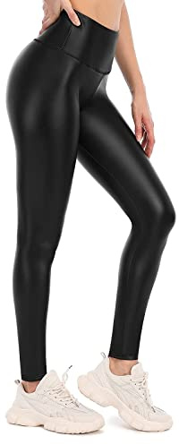 Attraco Leder Winterleggins Leder Thermoleggins Leder Winter Thermo Laufhose Leggings Damen Gefüttert Leder Thermohose Damen Schwarz L