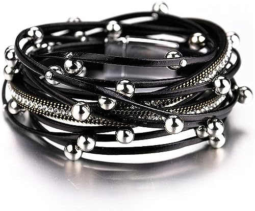 aesdox Leder Wrap Armbänder für Frauen, Boho Leopard mehrschichtige Kristallperlen Manschette Armband Schmuck Geschenk