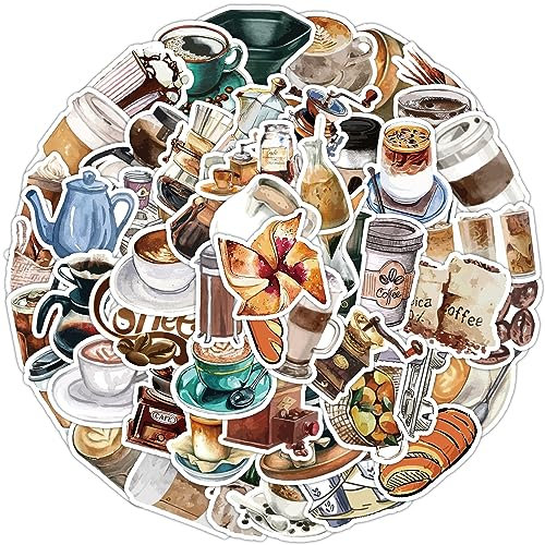 50Pcs Coffee Stickers Laptop Car Scrapbook Phone Skateboard Suitcase Luggage Bike Café Americano Stickers Vinyl Waterproof Aesthetic Personalised Stickers for Teens Boys Girls Adults Children