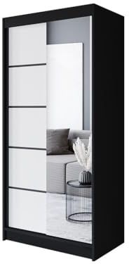 Easy4You P3 100 cm Schwarz/Weiß Schiebetüren Kleiderschrank 100x200x58 cm mit Spiegel - Schlafzimmermöbel, Aufbewahrung - Mehrzweckschrank