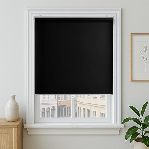Cordless Roller Shades 100% Blackout Blinds for Windows and Doors, Pull Down Room Darkening Window Shades, Easy to Install for Home and Office, White, Fixed 72 Inches High, 30 Inches Width, Black