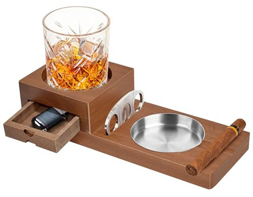 FINEW Zigarren Aschenbecher Untersetzer mit Zigarren Zubehör, Aschenbecher aus Holz mit Zigarrenschneider, Schublade und Zigarrenschlitz - Zigarrenzubehör Set Geschenk für Männer