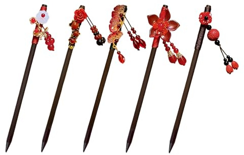 NYGGTYK Juego de 5 horquillas de madera retro, horquillas de pelo retro, palillos para el cabello, horquillas clásicas, joyas con borlas, estilo chino y japonés, elección de accesorios para el cabello