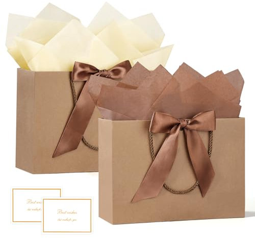 BBLIKE Geschenktüten mit Henkel - 2 Geschenktasche + 2 Grußkarten + 4 Sydney Paper, Papiertüten mit Henkel, Geschenkverpackung für Geschenk, Geburtstag, Feier, Hochzeit (Braunes Kraftpapier)