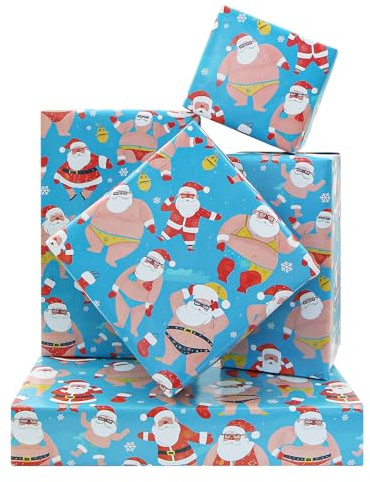 Lustiges Weihnachtsmann-Geschenkpapier, 4 Blatt Weihnachtspapier, für Männer, Frauen, Kinder, Jungen, Großvater, einzigartiges Weihnachtsdekorpapier für Weihnachten im Juli, Weihnachtsgeschenkpapier