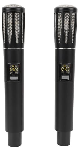 Akozon Microphone sans Fil Double Système de Micro Dynamique Portable avec Récepteur Portée de 100 M pour Soirée de Chant karaoké (Black)