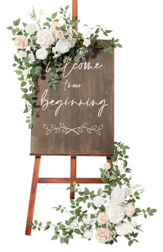 Ling's Moment 2pcs Wedding Flowers Garland Artificial Floral Swag Arch Decorations Rose Greenery Arrangements White & Sage Ceremony Reception Garden Easel Wall Entryway Outdoor board(NOT Include Sign)