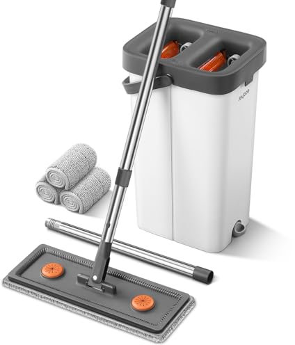Juego de fregona y cubo con escurridor para el hogar, sistema de fregona plana y cubo para limpieza de suelos y limpiador de paredes, mopa húmeda y seca para limpiador de paredes de ventanas con 3