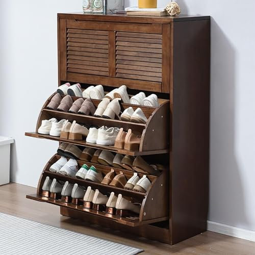 Zapatero de madera maciza con persianas, zapatero de pasillo, almacenamiento para interiores y exteriores, acabado de nogal, elegante estante para zapatos para pasillo perseguidor de luz (un color B)