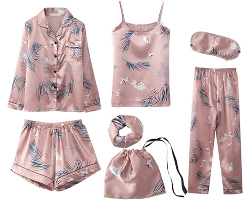Jamron Ragazze Bambine 7PCS Raso Set Pigiama Primavera Estate Top & Pantaloni Indumenti da Notte SN07655-2 Gru Rosa 140CM