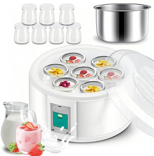 Máquina eléctrica de yogur, 1,5 L con 7 tarros de vidrio y forro de acero inoxidable, máquina de yogur de temperatura constante para yogur orgánico en el hogar, máquina de nato, quesera